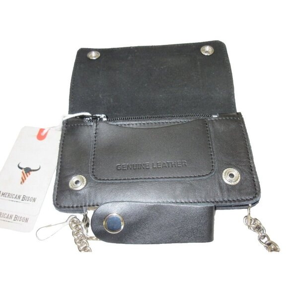 Men's Classic Genuine Premium Leather Snap Chain Trucker Biker Wallet Black NEW - Picture 3 of 9